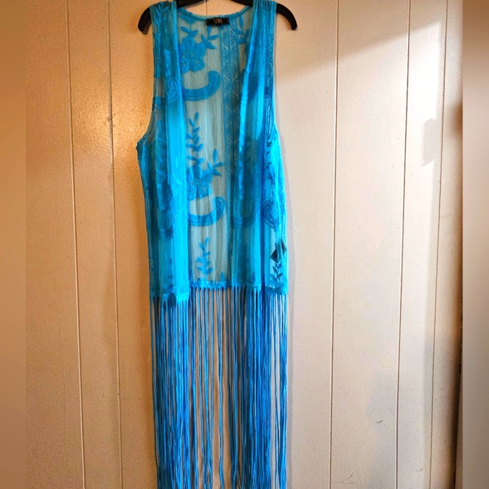 L&B Lucky and Blessed Sheer Lace Kimono with Fringe - Size M